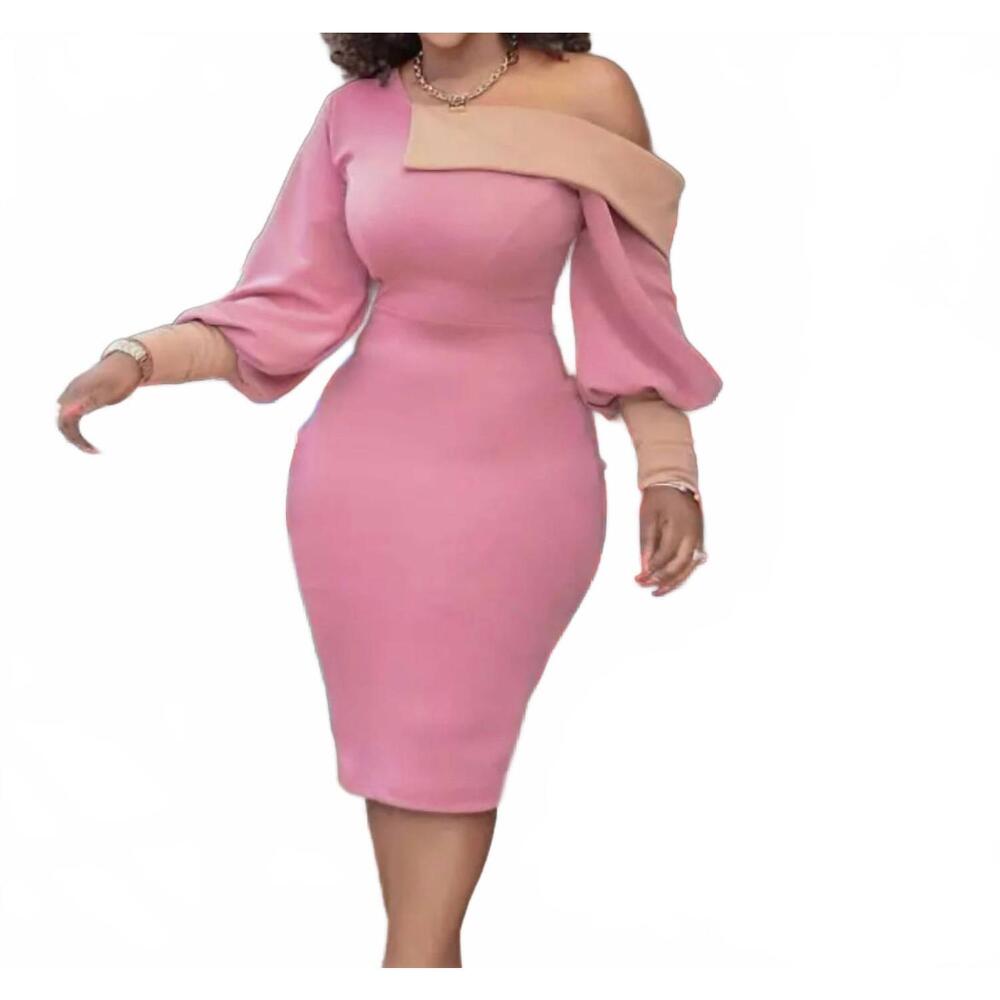 NEW METAMORPHOSIS nicole off shoulder contrast color block midi dress in light p